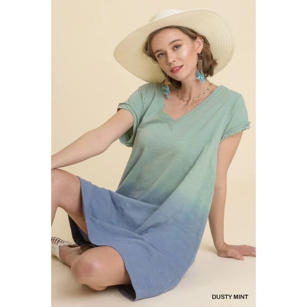Umgee Dress Green Blue Ombre V Neck Short Sleeve Mini - Picture 1 of 9